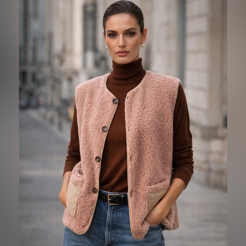 Korean Teddy Shearling Vest Blush Faux Suede Lightweight Oversized Cozy Chic